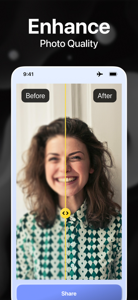 A side-by-side before and after comparison showing a blurry portrait photo transformed into a clear high-resolution image using AI.