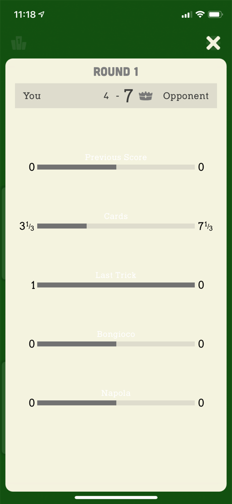Un tabellone dei punteggi che mostra i risultati dei round nell'app del gioco di carte Tressette con i totali dei punti per carte e prese