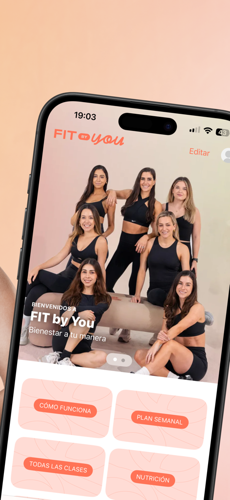 Fit by You mobile app interface showing female fitness coaches and menu options for weekly plans and nutrition