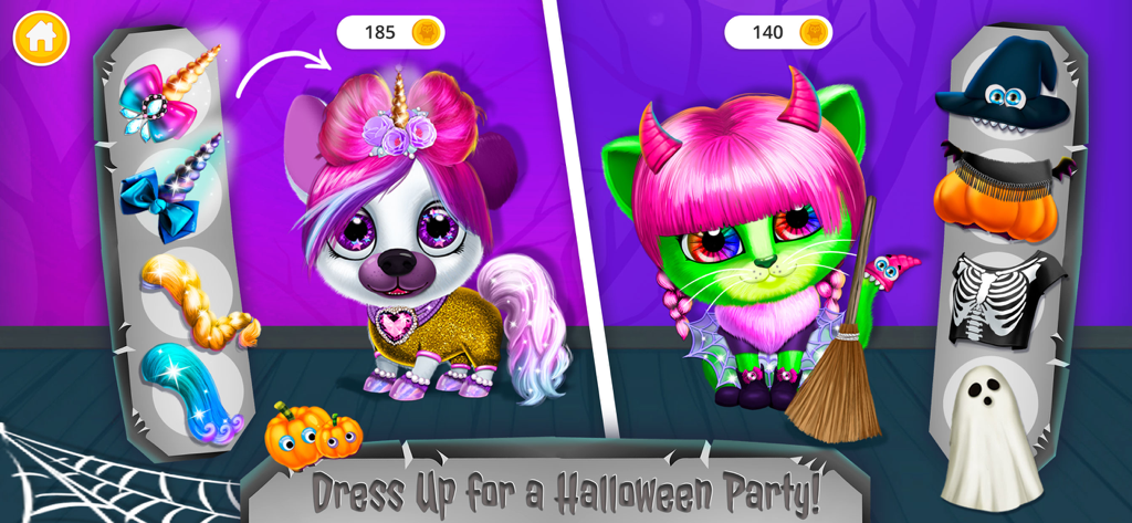 Kiki & Fifi Halloween Makeover - Kiki and Fifi pet characters dressed in Halloween costumes with various styling accessories