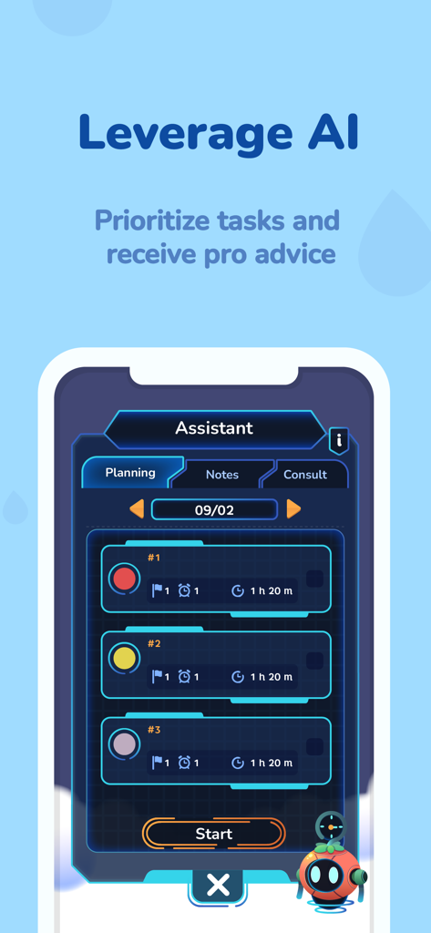 Focus Plant: Forest phone lock - Focus Plant의 AI 어시스턴트 인터페이스에 작업 우선순위 지정 및 예상 시간 계획 표시