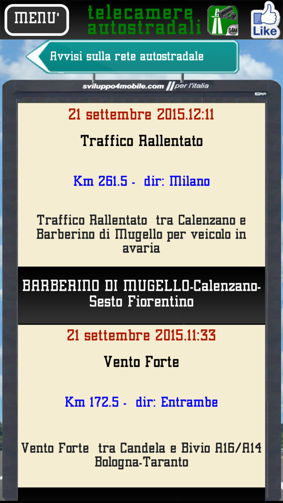 Video Telecamere strade ed autostrade - Uno schermo di un'app mobile che visualizza avvisi sul traffico e sul meteo in tempo reale per le autostrade italiane.