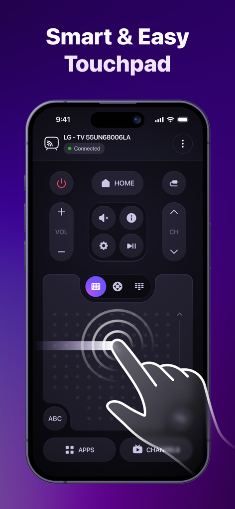 Total TV: Universal Remote - Interfaz de smartphone mostrando la función de panel táctil inteligente y fácil para controlar un smart TV