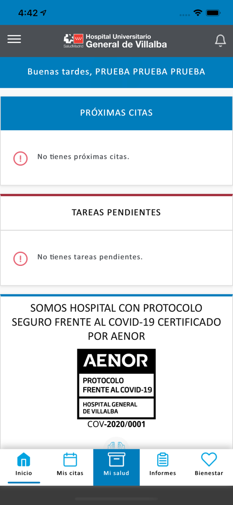 H.U. General de Villalba - Home screen of the Hospital Universitario General de Villalba patient portal app showing upcoming appointments and health management sections