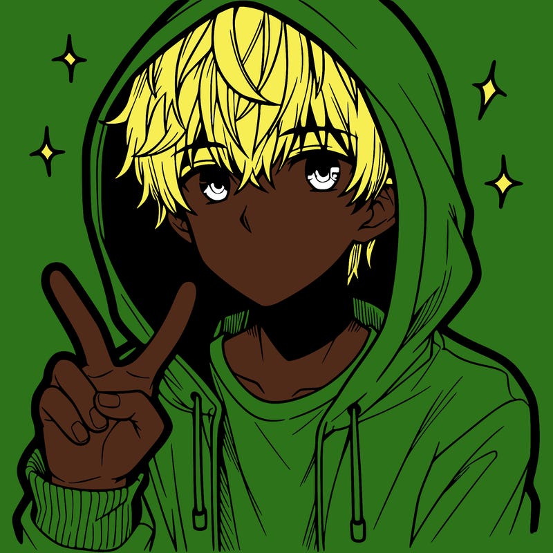 teenage manga boy in a hoodie, doing ✌