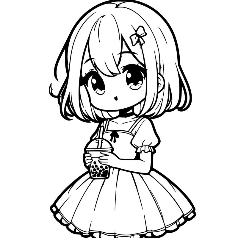 a anime girl in a dress and she is holding a cup of boba