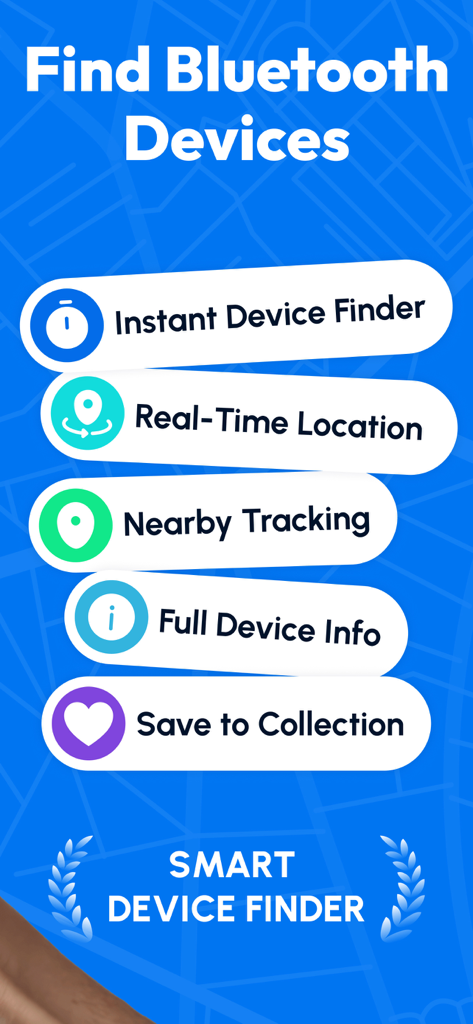 Bluetooth Scanner, Find Device - A list of key features for the Bluetooth Scanner app including instant device finder and real-time location tracking.