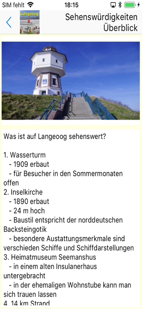 Langeoog App für den Urlaub - A screenshot from the Langeoog travel app showing a list of island attractions and a photo of the local water tower