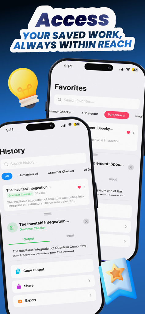 Interfaz de la aplicación Justdone AI Detector que muestra el historial guardado y las tareas de escritura favoritas en un iPhone.