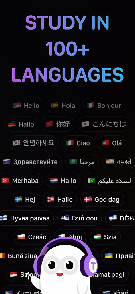 TLDL app screenshot showing study support in over 100 languages with various international greetings and a mascot