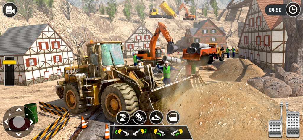 Construction Excavator Games - Eine Planierraupe und ein orangefarbener Bagger arbeiten auf einer 3D-Baustelle mit Arbeitern und Häusern im Hintergrund.