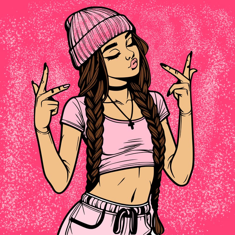 realistic teenage girl with braids and a beanie and crop top doing 🫶🏼