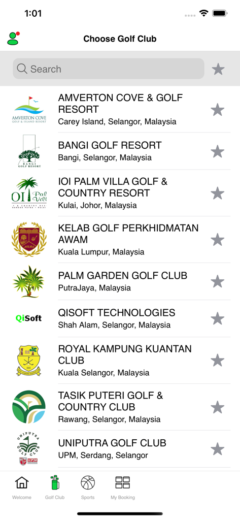 QiSoft Golf - Mobile app interface showing a list of available golf clubs for tee time booking with search functionality.
