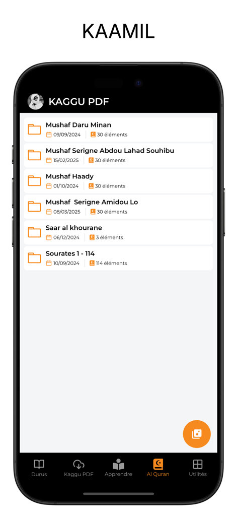 Kaggu PDF (Durus khassida S.T) - Interface of Kaggu PDF app showing a list of Quranic Kaamil versions and surahs