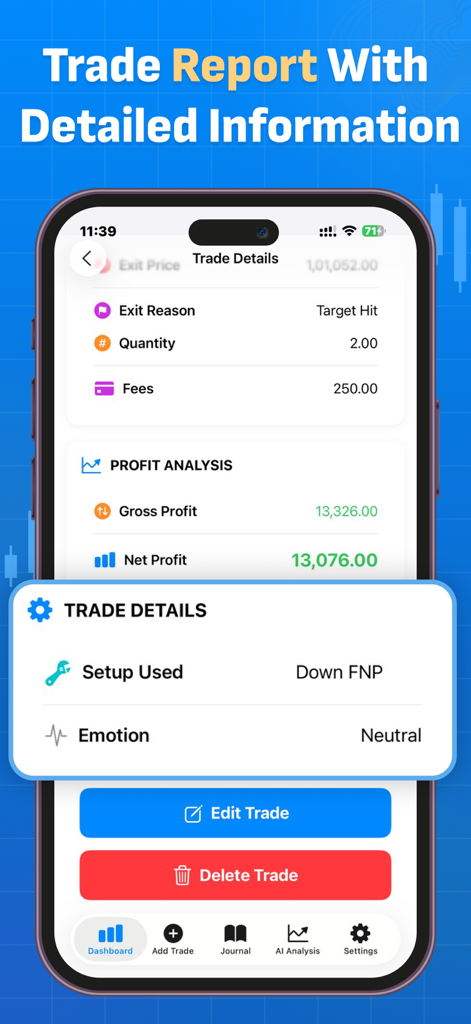 Stock Trading Journal - Stock Trading Journal app interface showing detailed trade report with profit analysis and emotional tracking