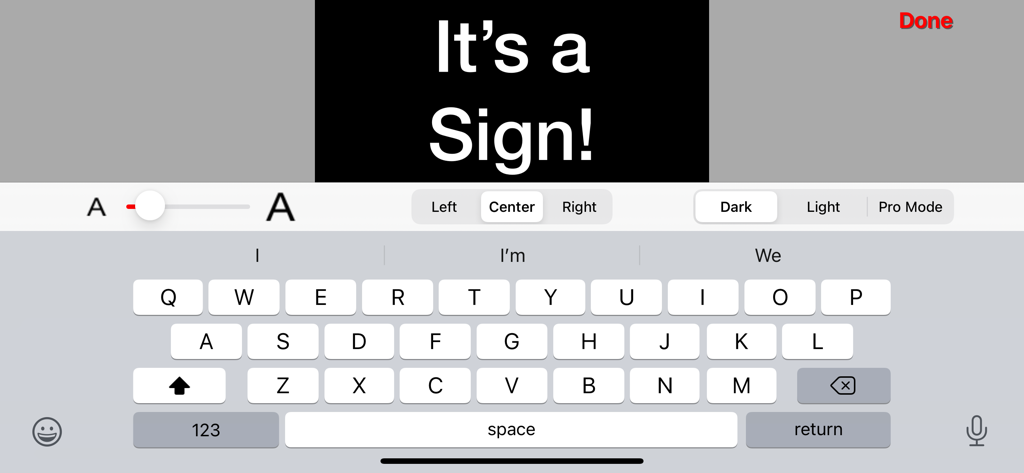 Interface of the Limosign app showing text editing tools and a keyboard for creating a digital greeting sign.