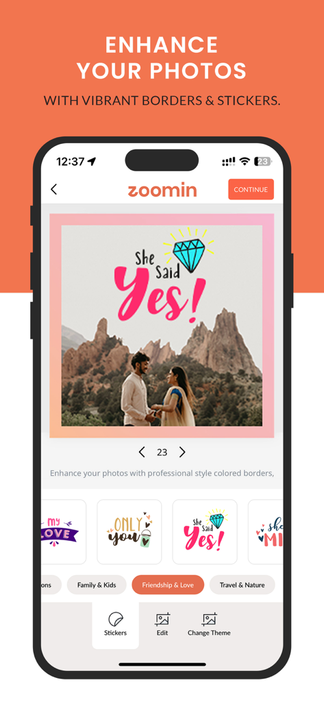 Zoomin: Shop Photobook & Gifts - A mobile interface for the Zoomin app showing an engagement photo being edited with decorative stickers and vibrant borders