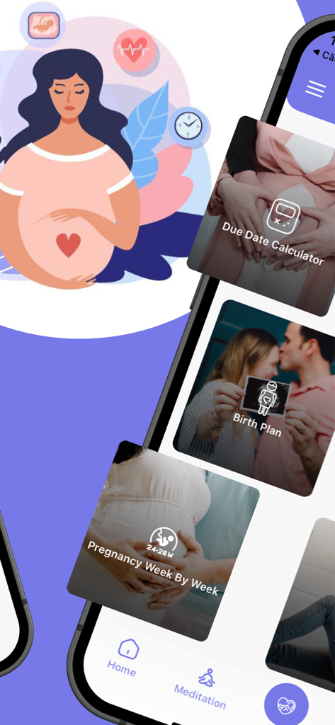 Oberfläche der Zen Pregnancy App mit Funktionen wie Geburtsterminrechner, Geburtsplan und wöchentlicher Verfolgung