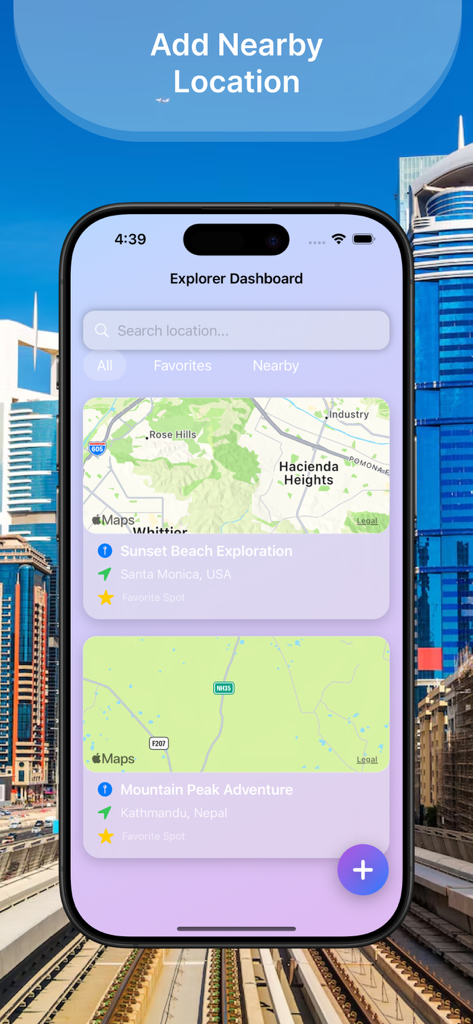 Tracking Maps Max+ - Explorer dashboard in the Tracking Maps Max app showing saved travel locations with map previews