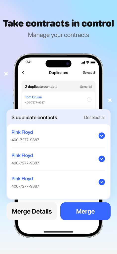 AI CleanKit app interface displaying a list of duplicate contacts to be merged on an iPhone