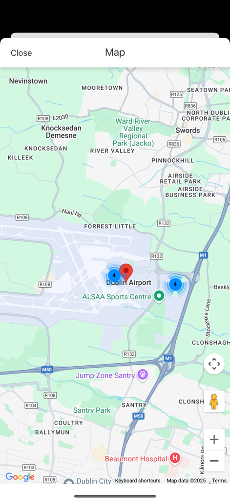 Argus Car Hire - Vue cartographique des emplacements de location de voitures près de l'aéroport de Dublin dans l'application Argus Car Hire.