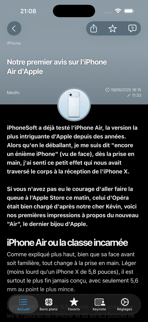 iSoft : the french blog - iSoft 앱에서 iPhone Air 리뷰에 대한 프랑스 기술 뉴스 기사.