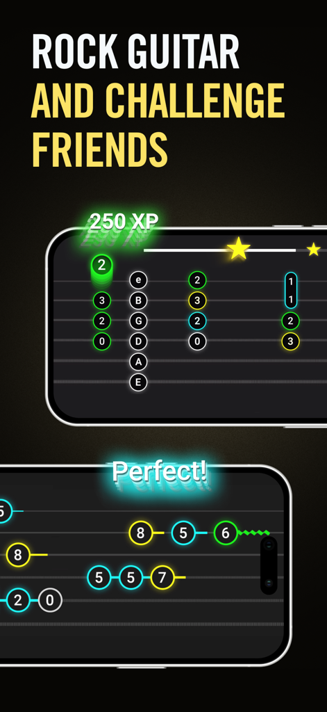 Gibson: Learn to Play Guitar - Mobile phones displaying the Gibson guitar learning app interface with interactive tabs and XP rewards