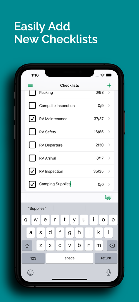 RV Checklist App - An iPhone screen displaying the RV Checklist app interface where a user is typing to add a new camping supplies checklist.