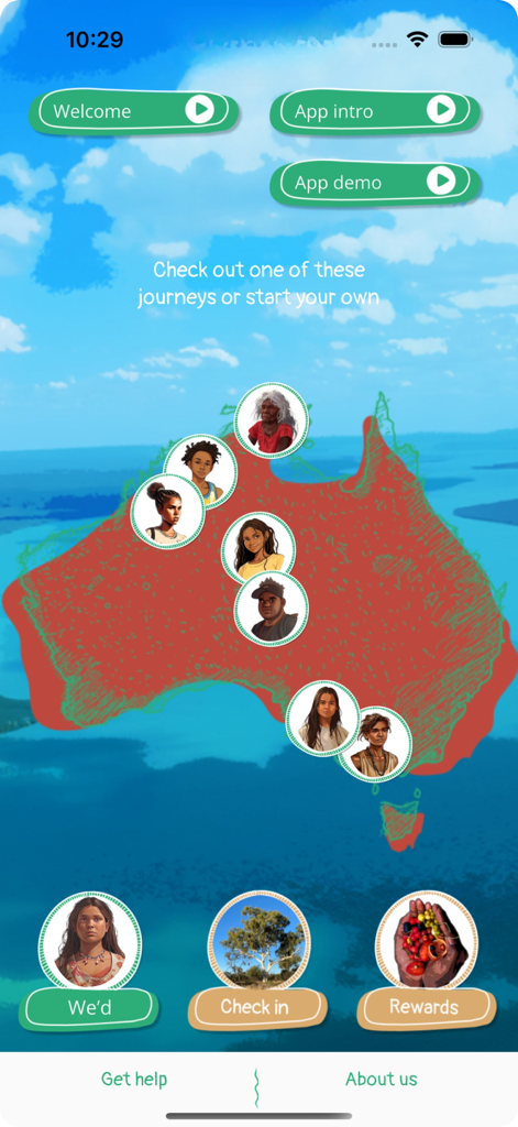 Hauptbildschirm der AIMhi-Y-App, der eine Karte von Australien mit verschiedenen Charakter-Avataren und Navigationsschaltflächen zeigt