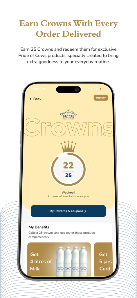 Pride of Cows - The Pride of Cows app crowns rewards program interface showing points and benefits