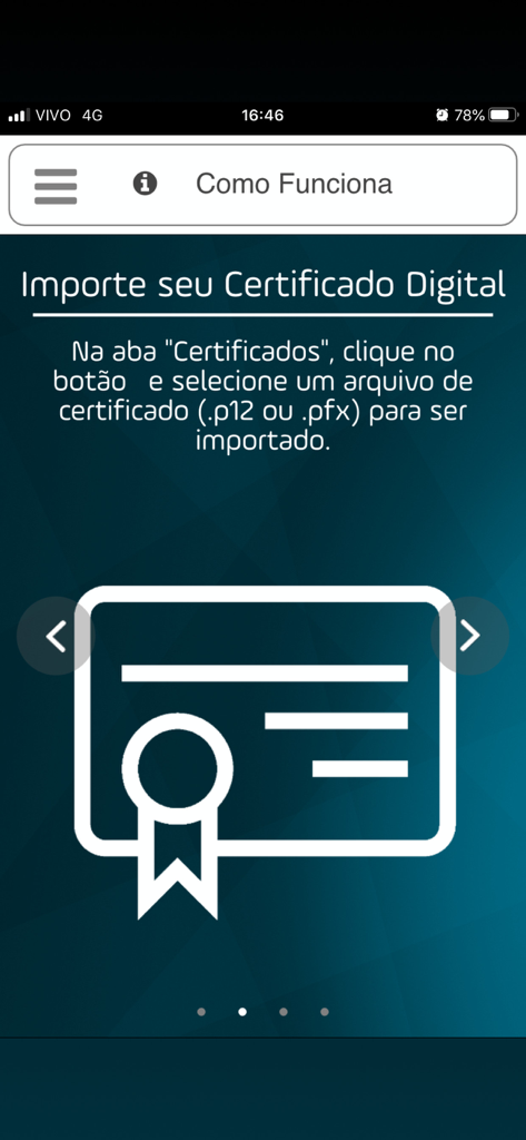 Certillion - Tela do aplicativo Certillion com instruções para importar um arquivo de certificado digital