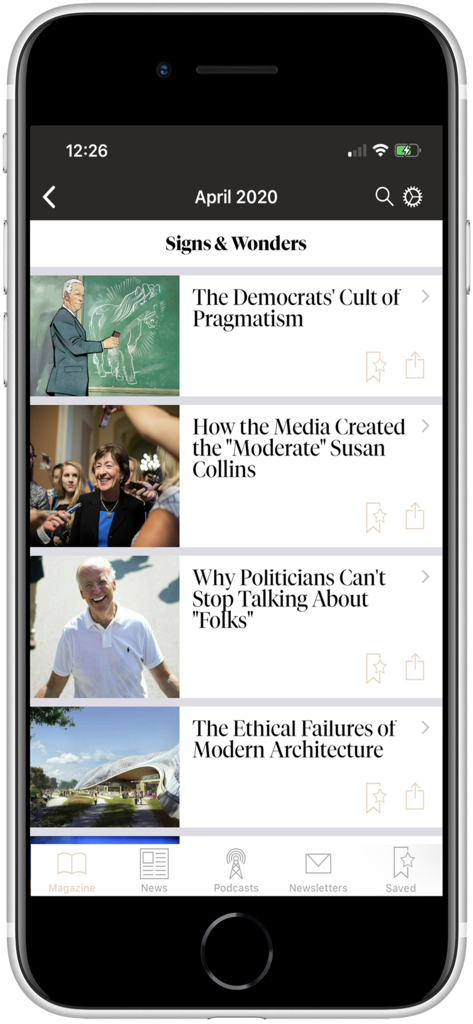 Smartphone screen displaying The New Republic magazine articles from the April 2020 issue.