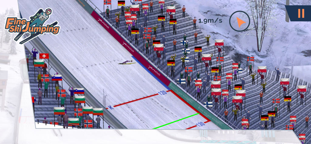 Fine Ski Jumping - 경기 중 눈 덮인 언덕 위 공중에 있는 스키 점퍼, 환호하는 군중