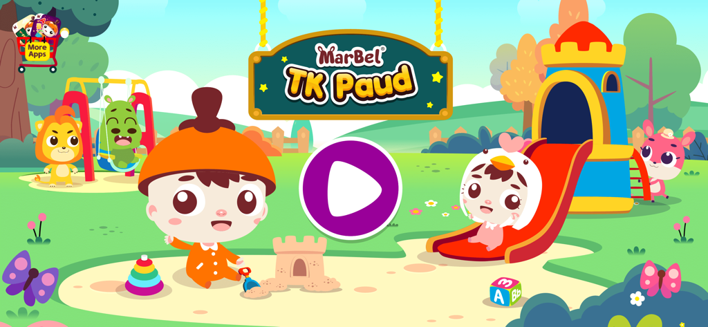 Marbel Pelajaran TK dan Paud - Pantalla de inicio de la aplicación Marbel TK Paud con personajes de dibujos animados en un vibrante entorno de patio de juegos