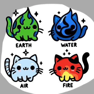 4 cats that represent the different elements, earth, water, air, and fire