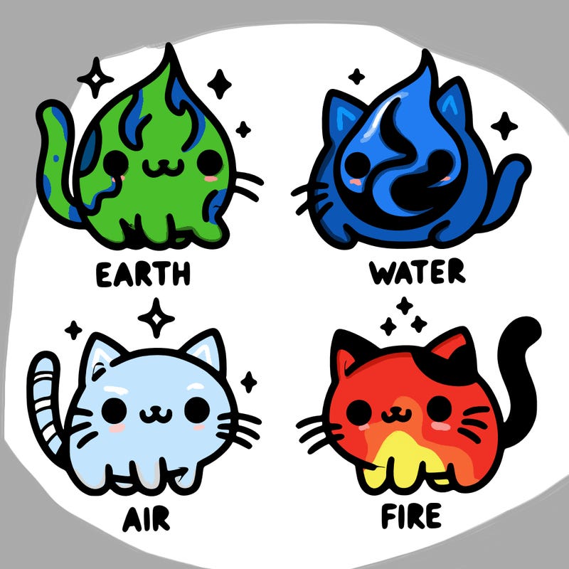 4 cats that represent the different elements, earth, water, air, and fire