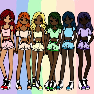 a group of girls wearing crop tops and shorts