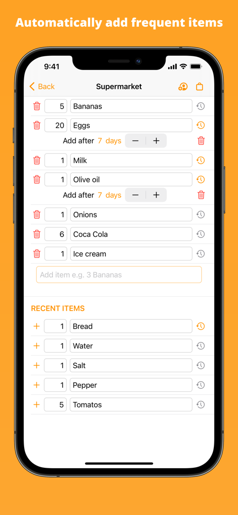 iPhone interface showing the automated grocery list feature for recurring items like eggs and olive oil