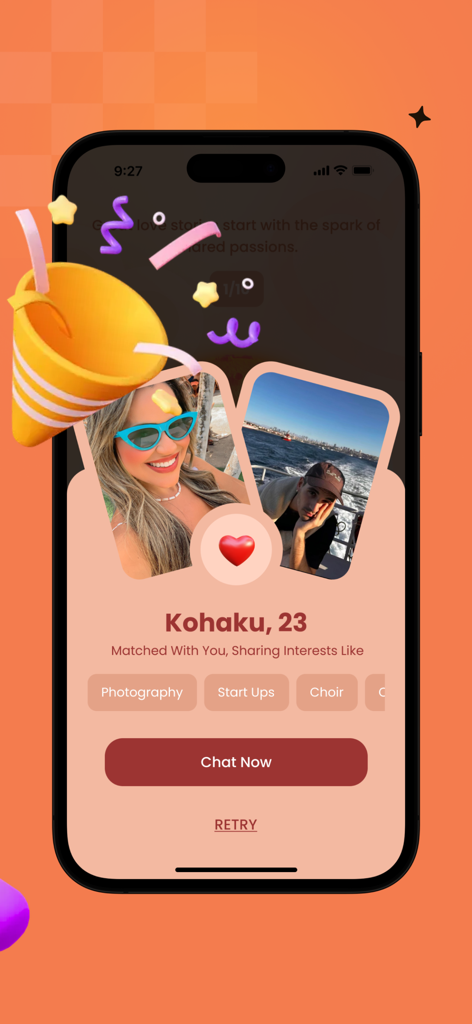 Jonnaアプリのインターフェース。写真やスタートアップなどの共通の興味を持つ2人のユーザー間のマッチング成功が表示されています。