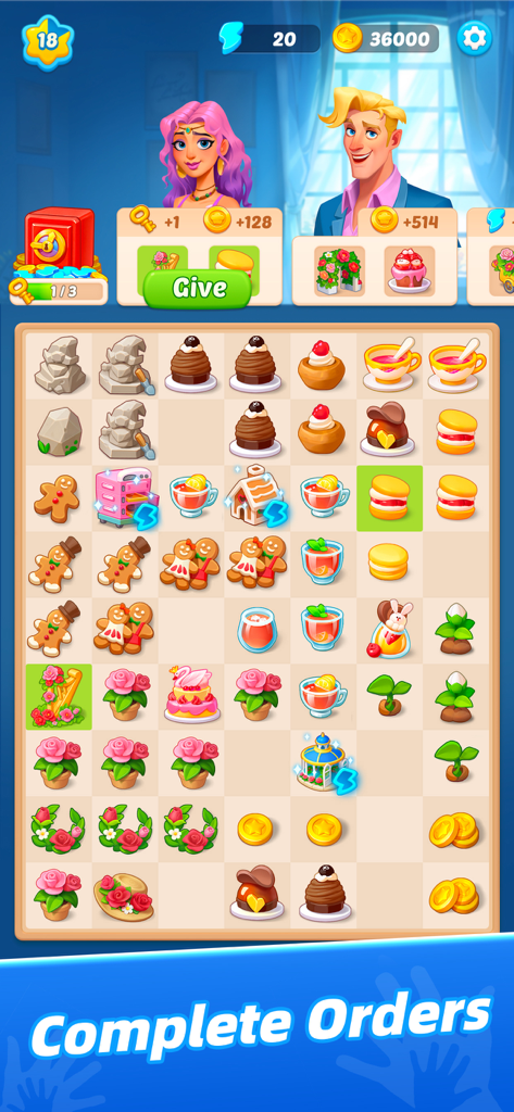 Mystery Town - Merge & Cases - Ein Merge-Board-Spielbildschirm von Mystery Town, der verschiedene Gegenstände wie Gebäck und Blumen zur Erfüllung von Charakteraufträgen zeigt