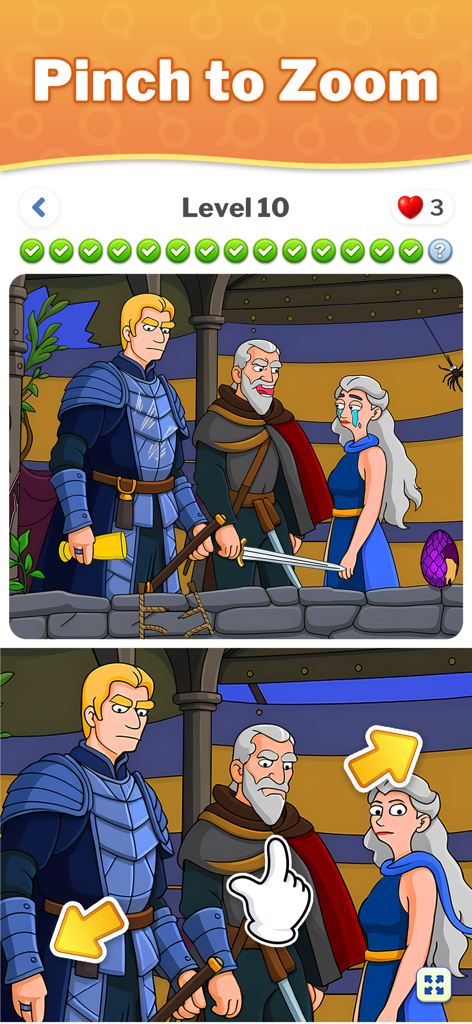Captura de pantalla de la función de pellizcar para hacer zoom en el juego móvil Diferencias - Encuentra y Distingue que muestra un nivel de rompecabezas de dibujos animados medievales