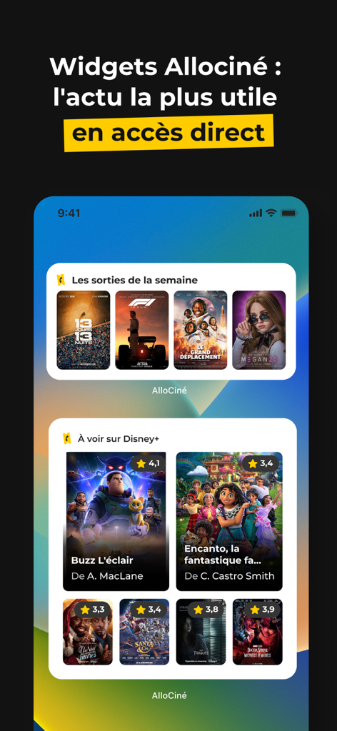 AlloCiné, les films au cinéma - AlloCine mobile app widgets showing weekly cinema releases and streaming recommendations on an iPhone home screen.