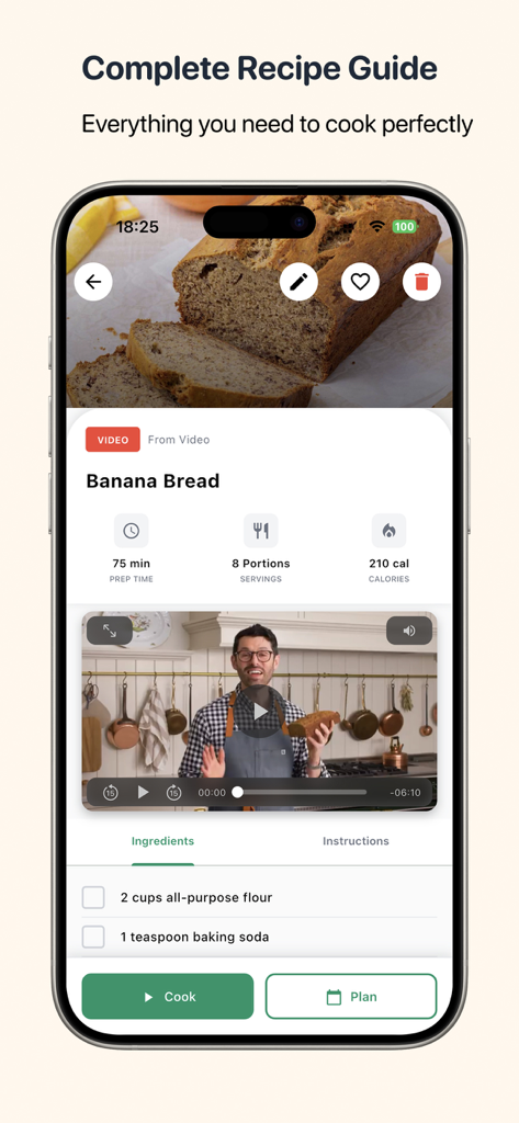 Clove Cook - Recipe Organizer - Clove Cook app interface showing a banana bread recipe with a video player and ingredient list