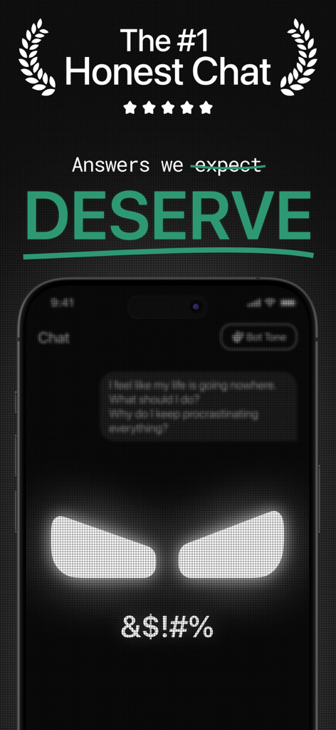 Salty AI 앱 화면, '우리가 받을 자격이 있는 답변'이라는 문구와 표현력 있는 눈이 있는 어두운 채팅 인터페이스가 특징입니다.