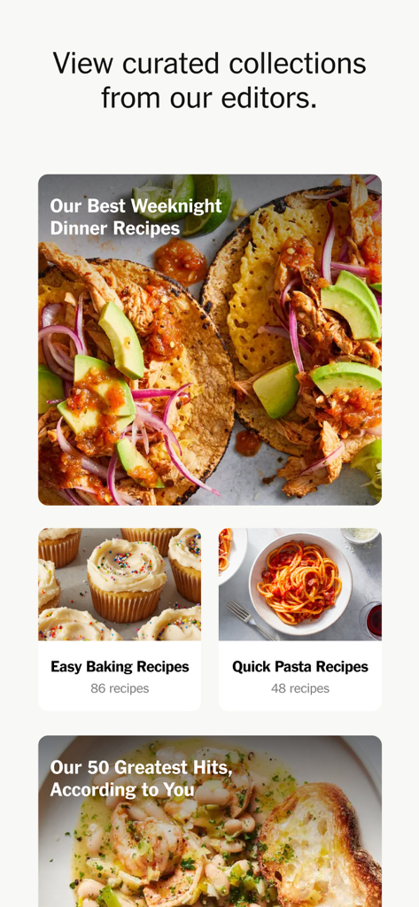 NYT Cooking: Quick Tasty Meals - Screenshot of the NYT Cooking app showing curated recipe collections like weeknight dinners and easy baking