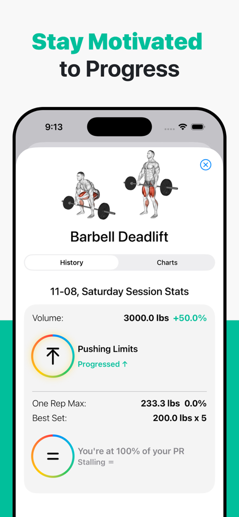 Simple Workout Log - IRONOTES - Ironotes app interface showing barbell deadlift session statistics and performance tracking.
