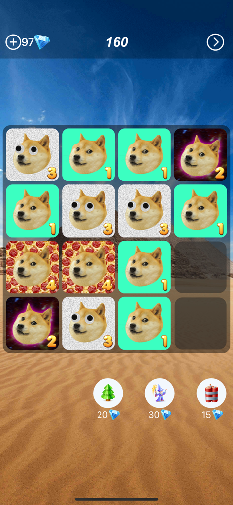 Wasla game screen showing a merging puzzle with doge meme characters over a desert background