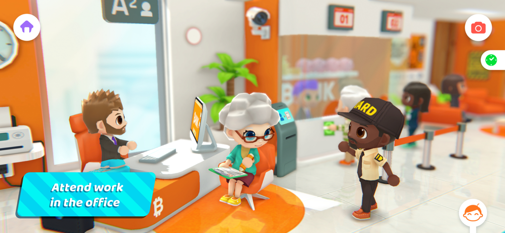 Personajes jugando de rol y trabajando en una oficina bancaria dentro del juego Urban City Stories