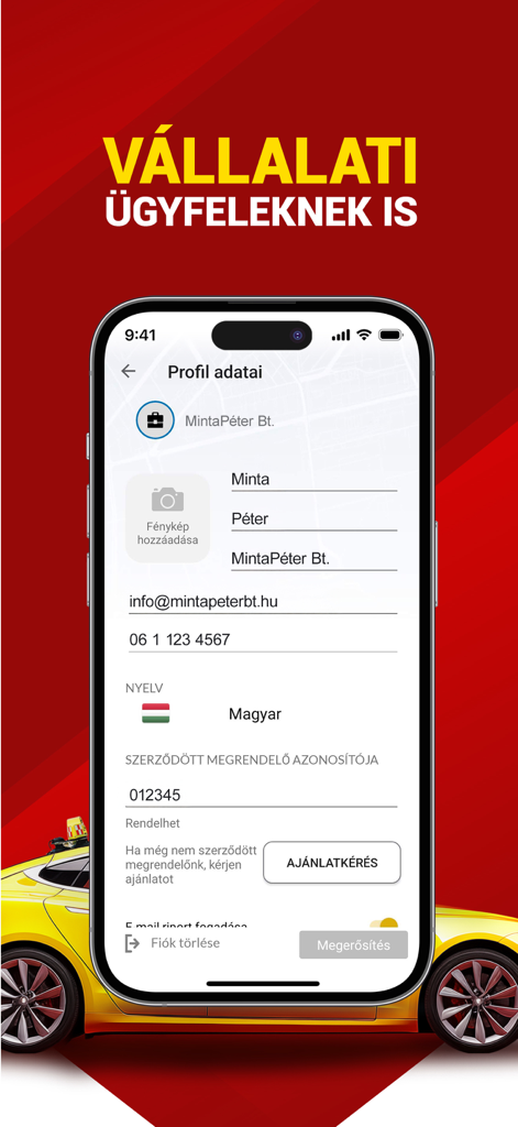Smartphone screen showing the Fotaxi app corporate profile details and business account settings