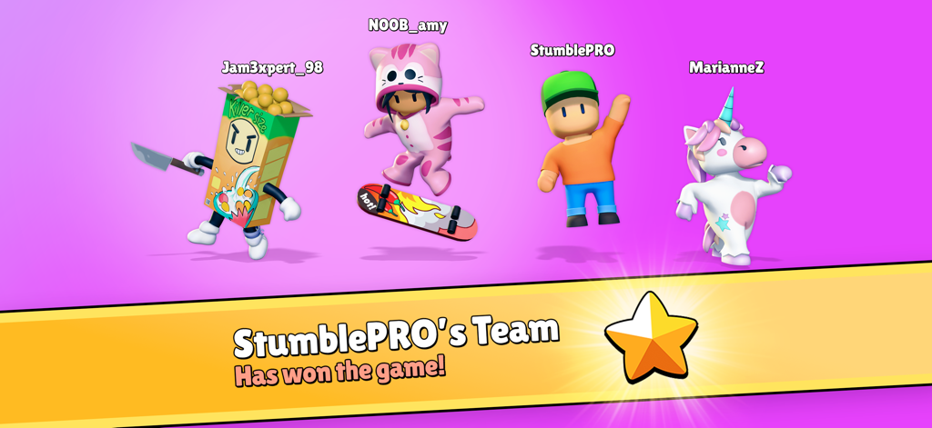 Stumble Guys - Un écran de victoire dans Stumble Guys montrant quatre joueurs avec des skins de personnages uniques célébrant une victoire d'équipe
